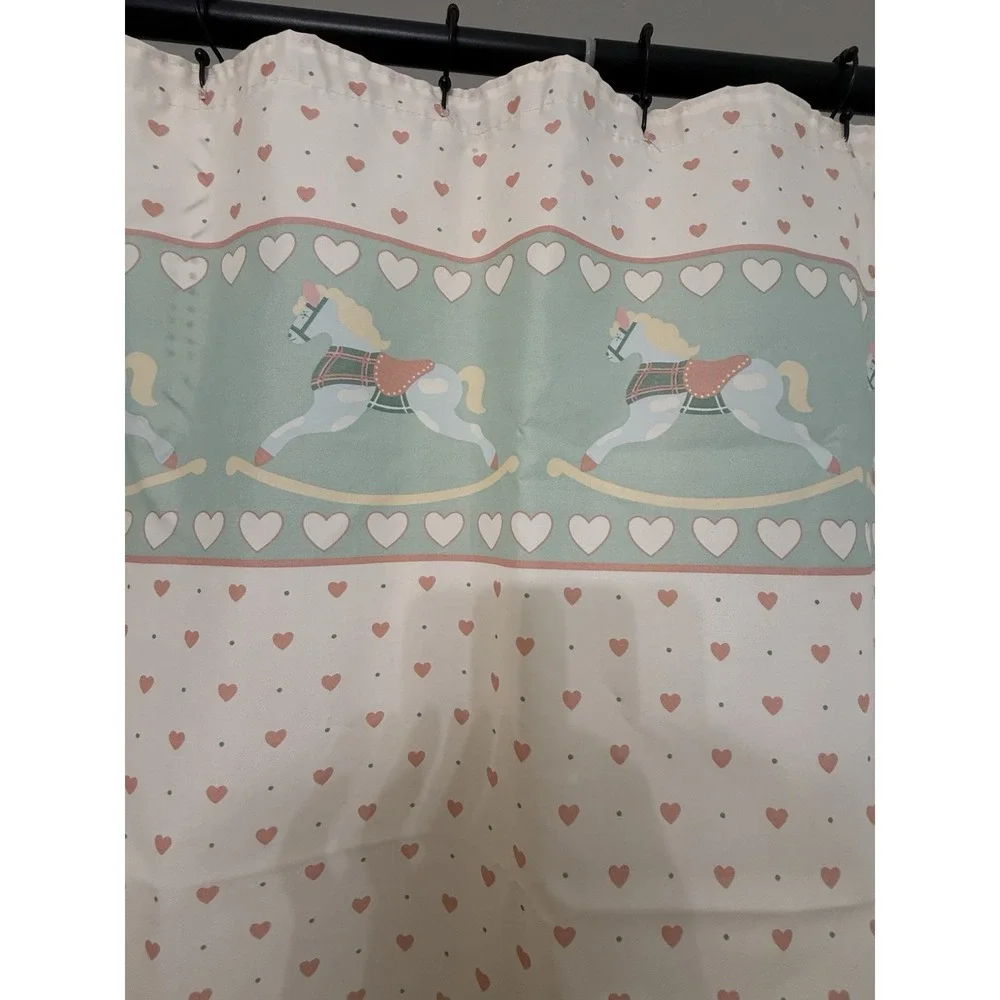 VTG 90s Shower Curtain Rocking Horse Heart Bathroom Decor Cottage Granny Core